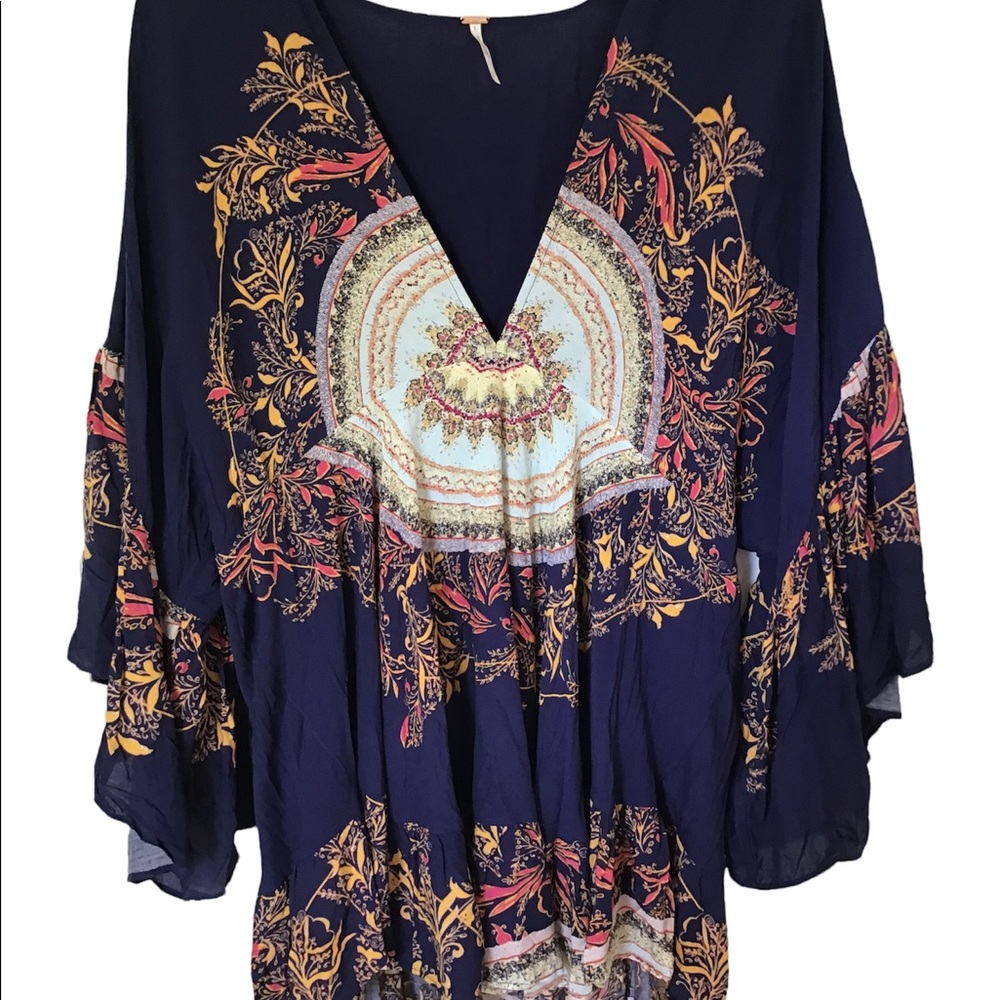 Free People blouse Sz S navy blue floral flutter 3/4 sleeve boho